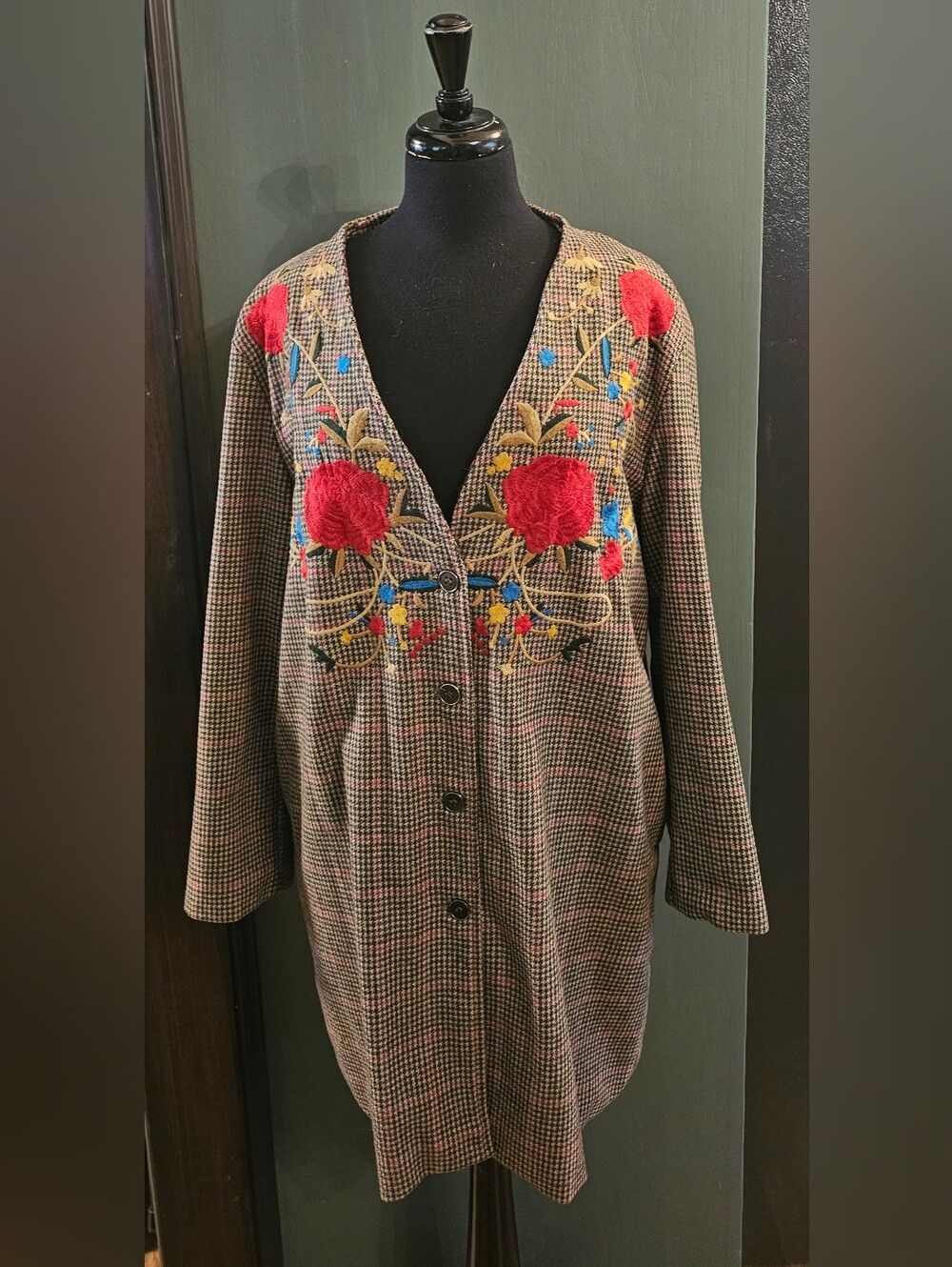 Summer Of Love Embroidered Brown Houndstooth V-Neck  Coat
